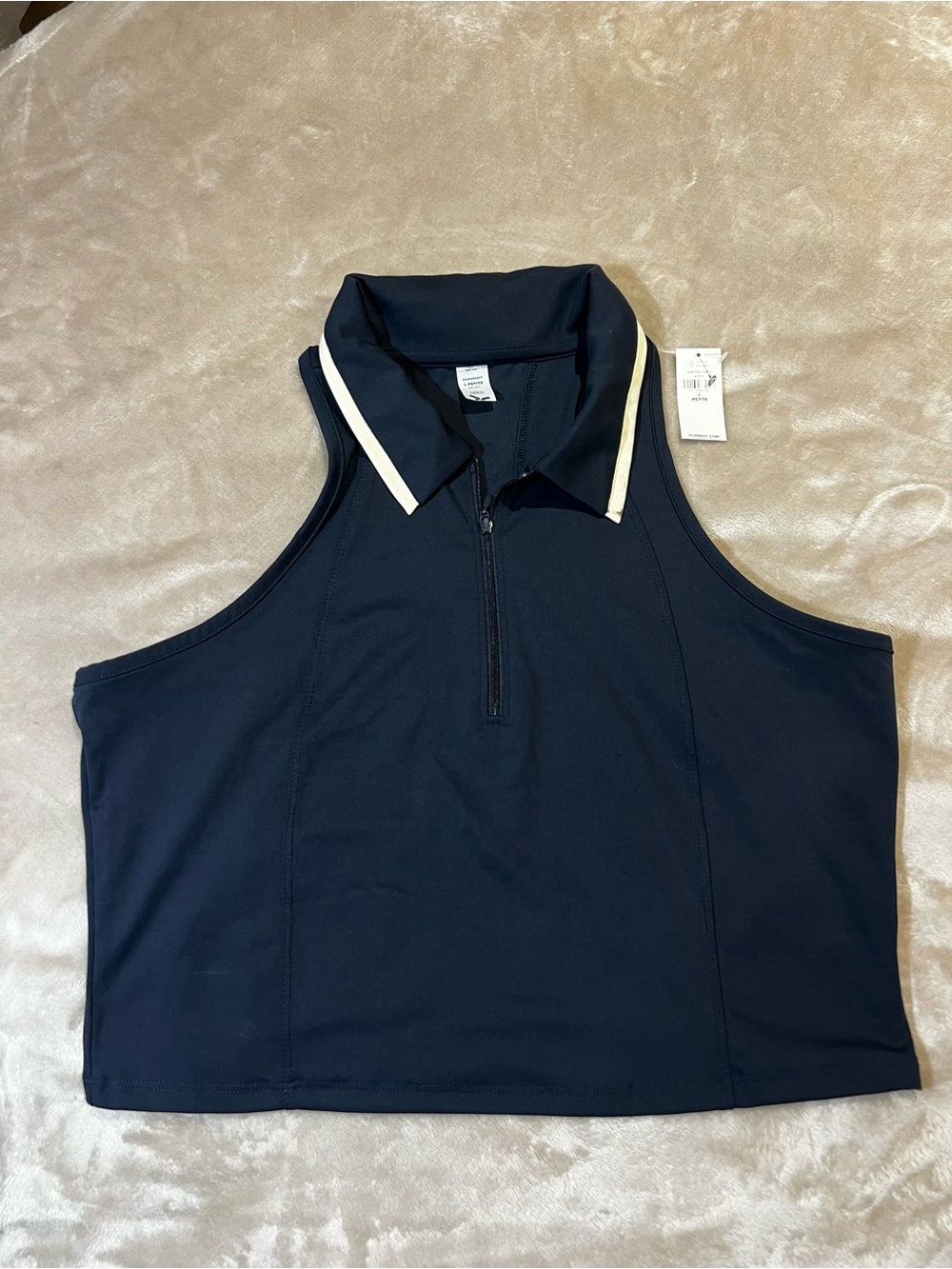 NWT Navy Sleeveless Zip Polo Tank with White Collar Trim